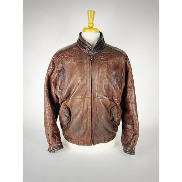 Red Sky Men's Aviator Brown Leather Bomber Jacket VTG Zip Front Pockets Sz M - Picture 1 of 16